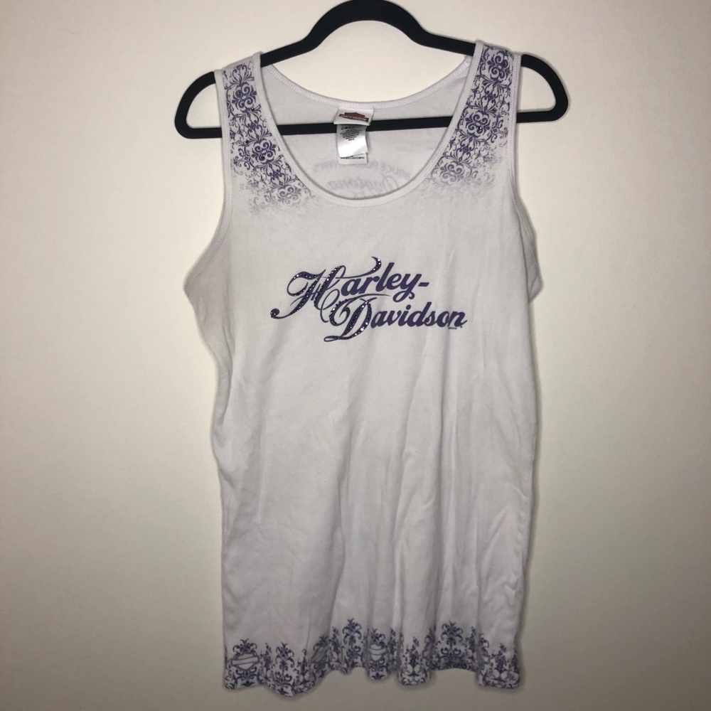 white and purple Harley-Davidson tank top